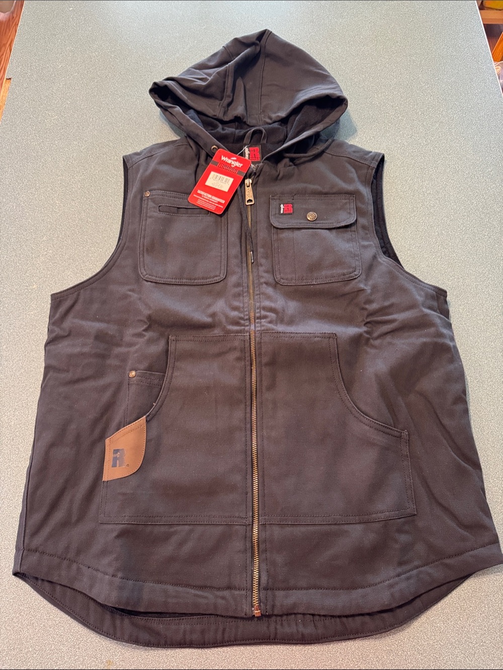Brand New Wrangler Riggs Work Wear Black Hooded Work Vest with Front Pockets
